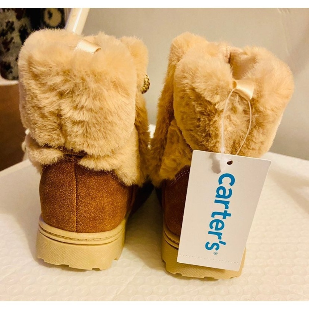 NWT Carters Girls Winter Boots Faux Fur Suede Tan Brown Metallic Laces Size 10M - Picture 3 of 4